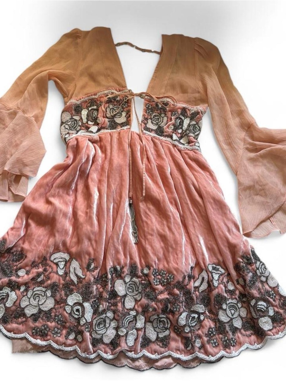 Free people Limited Edition Peach Rose Pink peach Embroidered Velvet Dress